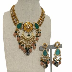 Gold-Tone Kundan Necklace with Green and Peach Accents